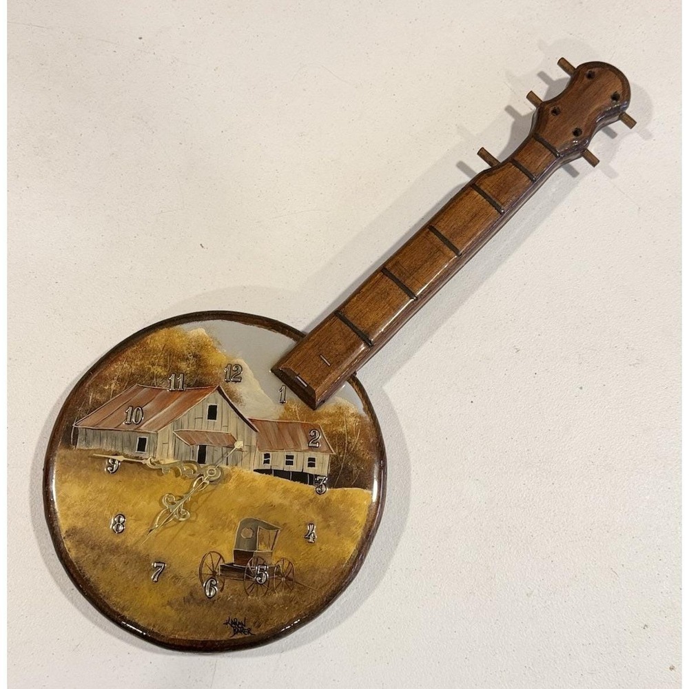 VTG Handmade Wooden Banjo Shaped Wall Clock Hand Painted Country Amish Scene